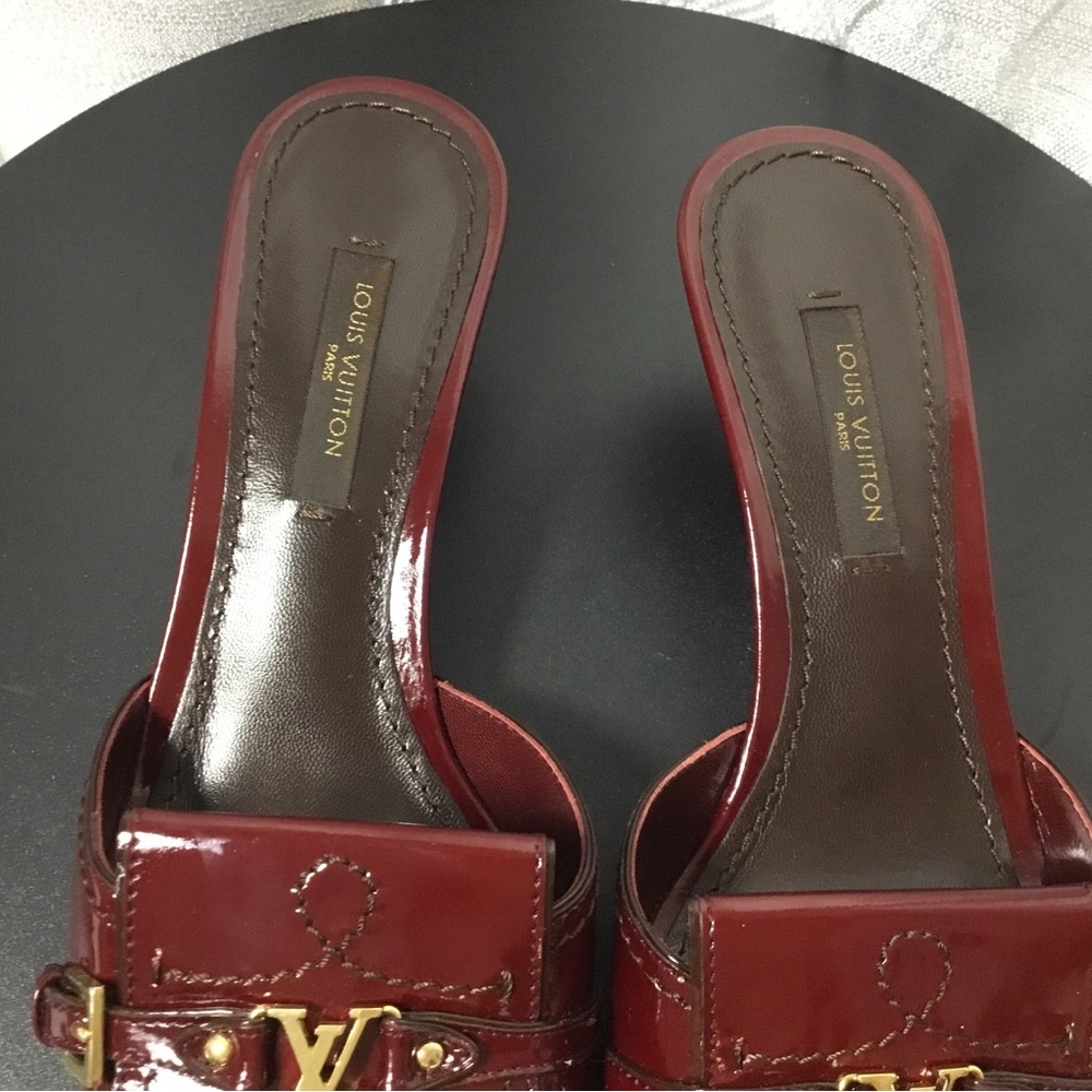 Louis Vuitton Burgundy Patent Leather Slide Mules with Gold Hardware - Picture 9 of 13